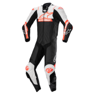 MACACÃO ALPINESTARS DE COURO MISSILE V2 WARD 1 PEÇA COR PRETO / BRANCO / VERMELHO FLUORESCENTE