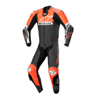 MACACÃO ALPINESTARS DE COURO MISSILE V2 WARD 1 PEÇA COR PRETO / VERMELHO FLUORESCENTE / BRANCO